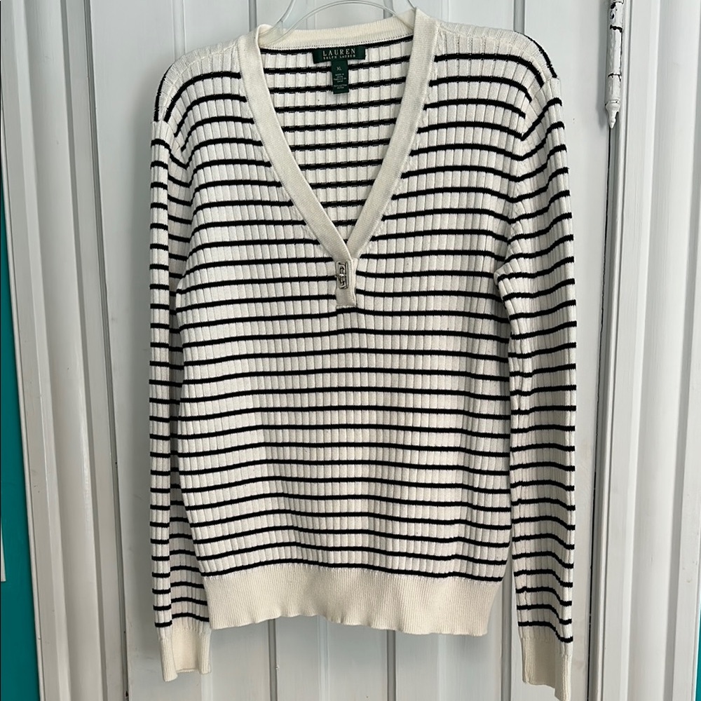 Lauren Ralph Lauren Black and White V-Neck Sweater